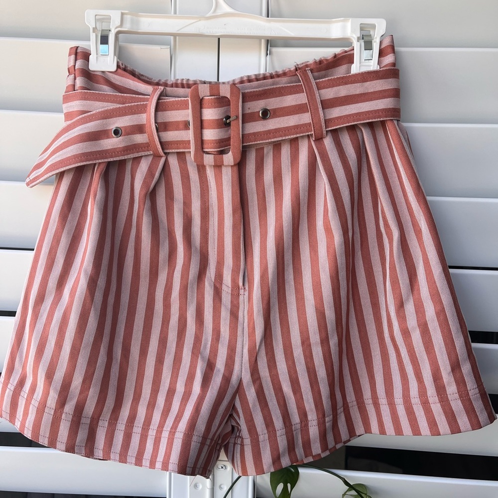 red and pink striped belted shorts